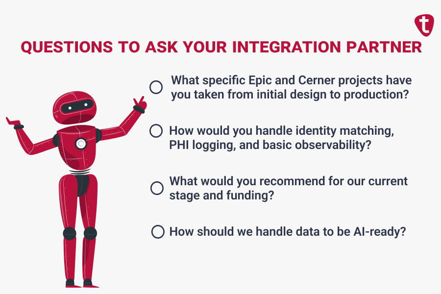 Infographic listing four key questions to ask a healthcare integration partner, such as their experience with Epic and Cerner projects, identity matching, and AI data readiness, illustrated by a red robot character.